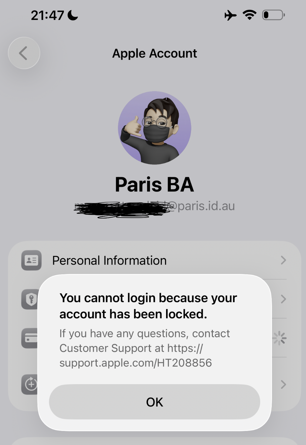 Settings app on iOS saying you cannot login because your account has been locked.