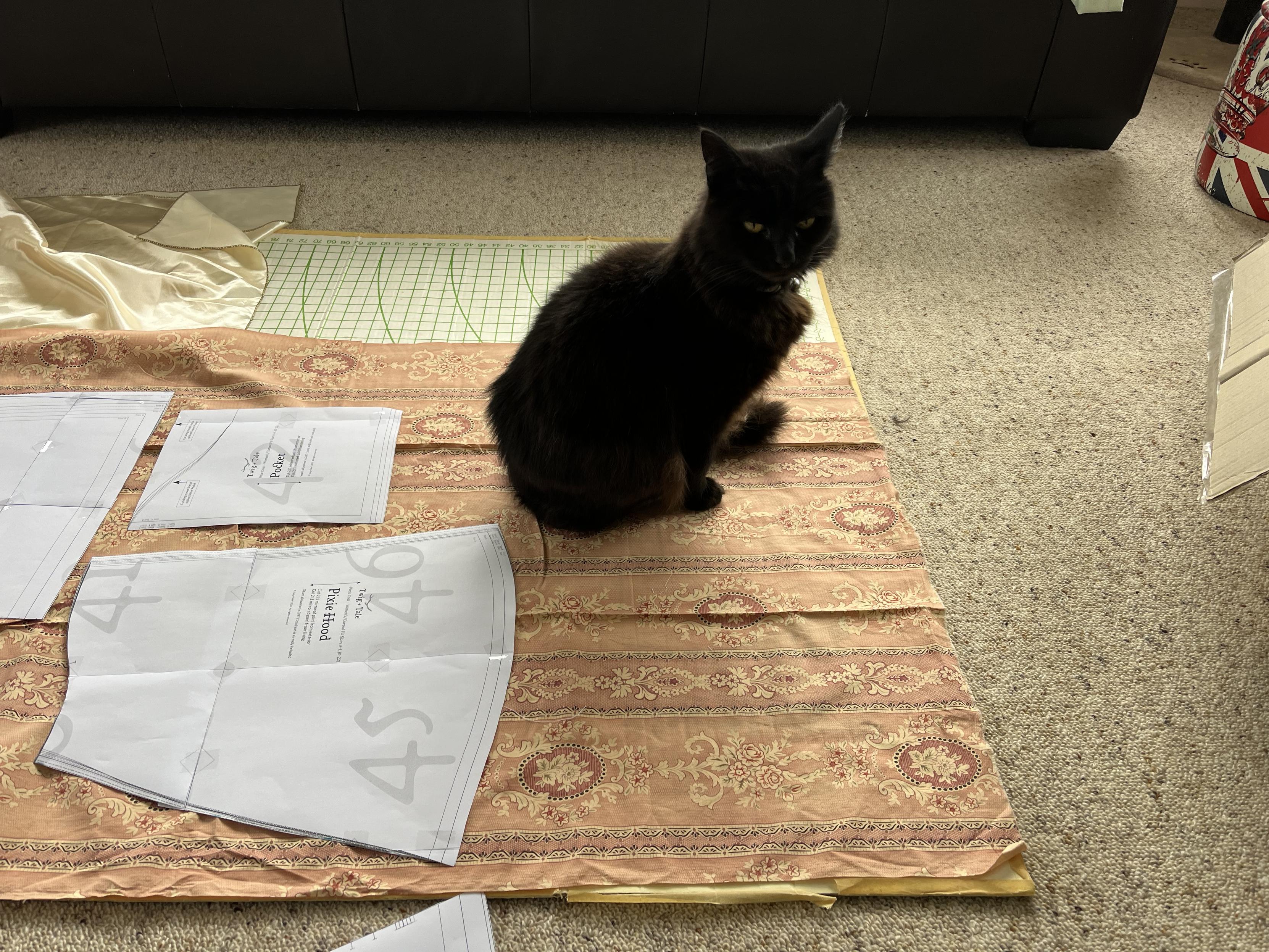 A black cat sits on top of fabric laid out on a cardboard cutting board on the floor. The fabric is in pink and beige tones with a geometric and floral pattern. Some paper pattern pieces are lying on top of the fabric.