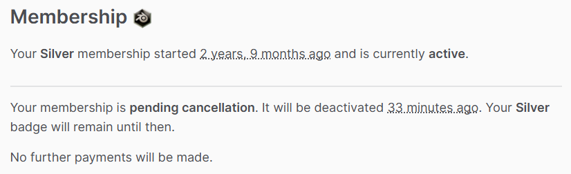 Screenshot showing that my Silver support membership towards the Blender Development Fund has been cancelled.