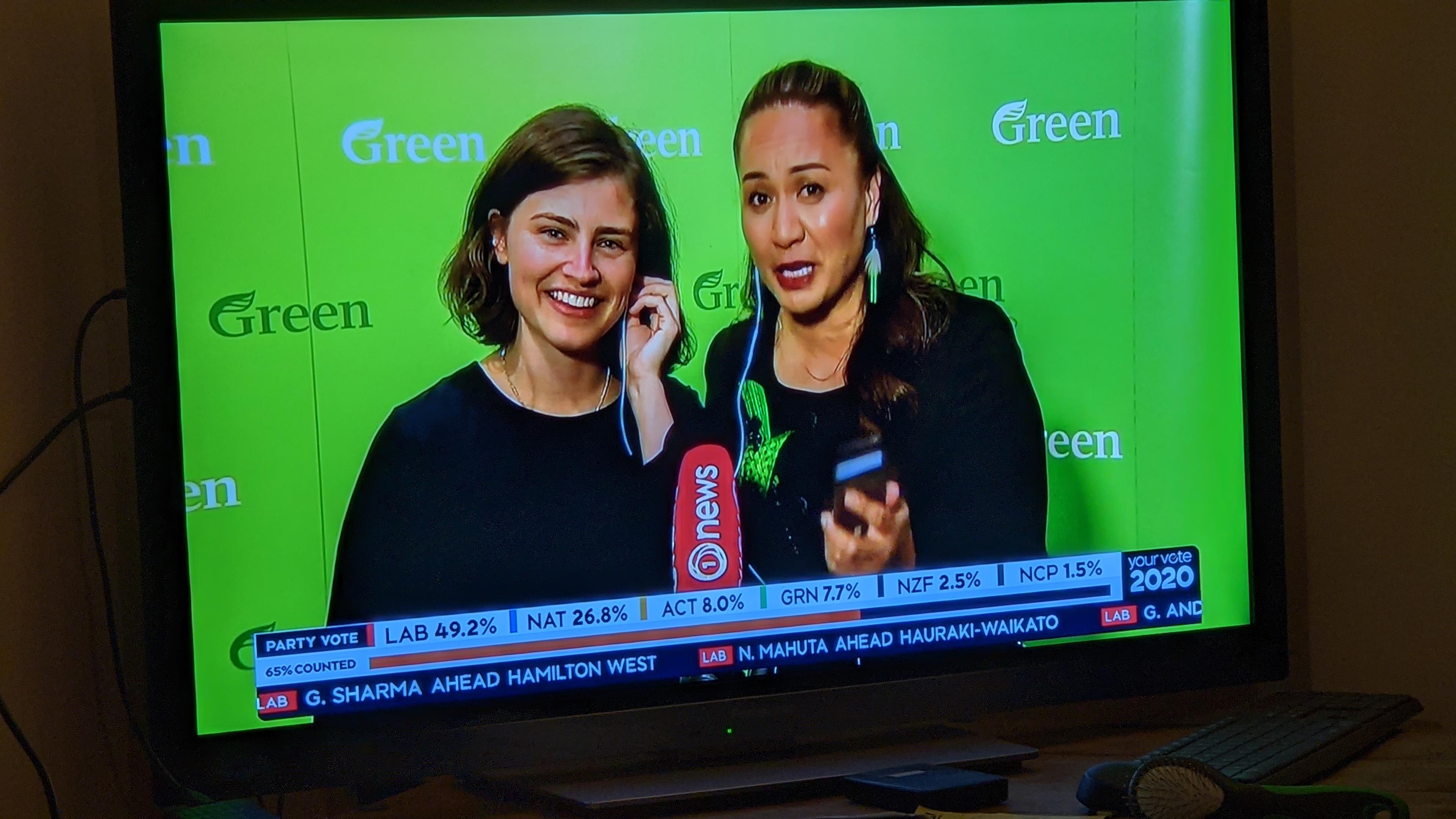 An image of a television screen showing a live 1 News broadcast from the 2020 New Zealand General Election.

Two members of the Green Party, Chlöe Swarbrick and Marama Davidson, are being interviewed in front of a bright green "Green" party backdrop. On the left, Chlöe Swarbrick is smiling broadly while holding an earpiece. On the right, Marama Davidson is speaking, wearing a black top and a green feather earring.

At the bottom of the screen, an election results ticker shows "PARTY VOTE 65% COUNTED," with results for Labour (49.2%), National (26.8%), ACT (8.0%), Green (7.7%), and NZ First (2.5%).