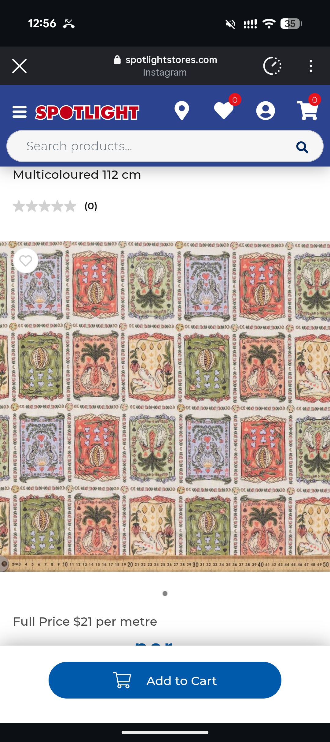 screenshot of a spotlight store ad for a tiled fabric with pretty blue, green, red and yellow card design