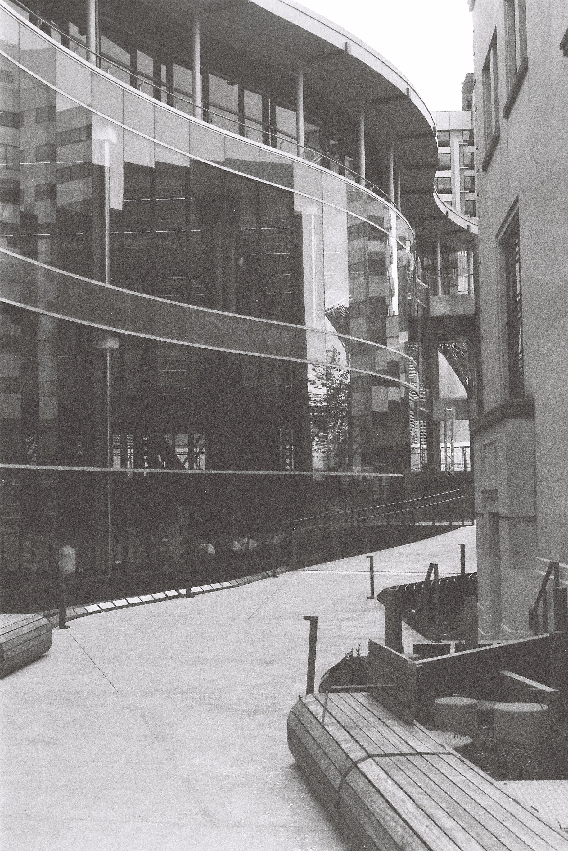 A vertical portrait black & white photo of  the curved glass faced siding on the newly re-opened Wellington Library.
Photo was shot on a Pentax MX camera & Fomapan 400 film