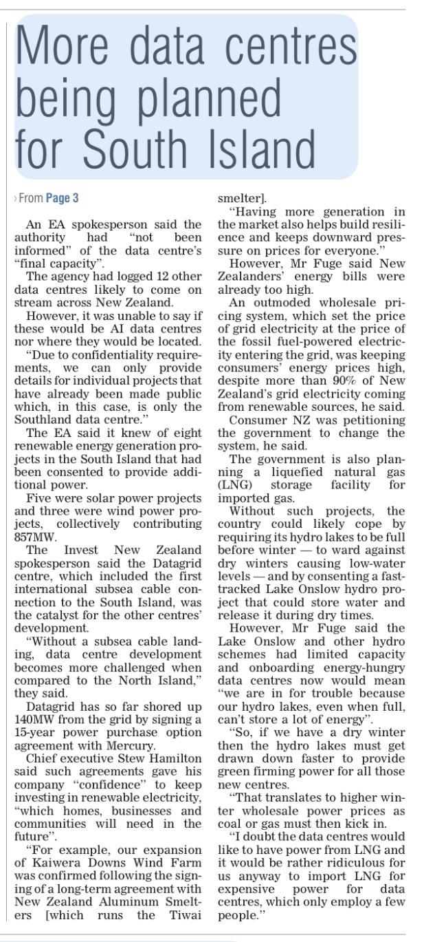A continuation of the story “More data centres being planned for South Island” from p6 of the ODT.