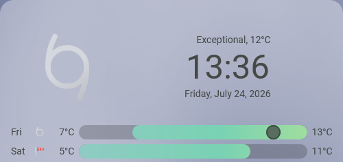 Weather forecast showing the weather to be "exceptional" with a cyclone icon (the icon is actually rotating, but that doesn't work on a screenshot)
Tomorrow shows a wind vane fully stretched as the forecast.
Temperatures are ranging from 7-13C today and 5-11C tomorrow