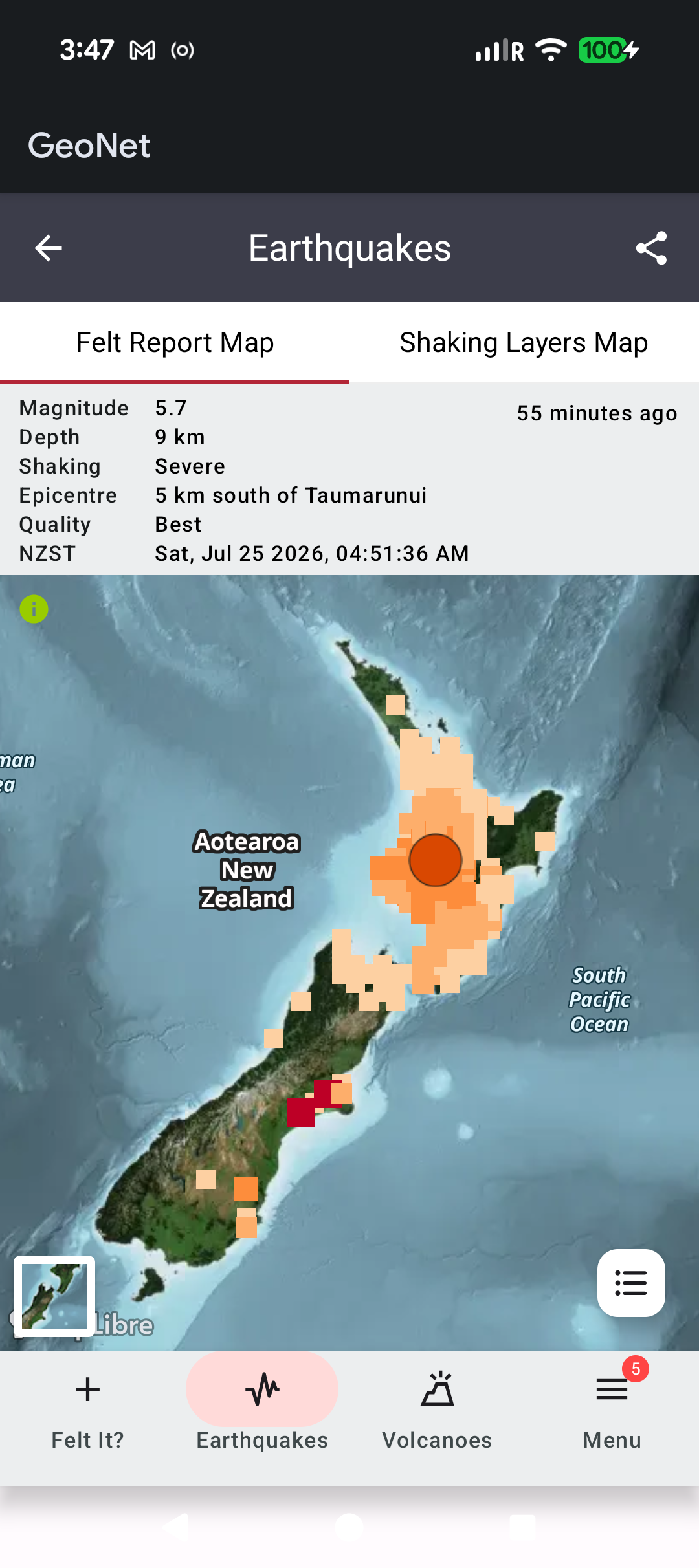 Geonet screenshot showing huge numbers of felt reports in the north island