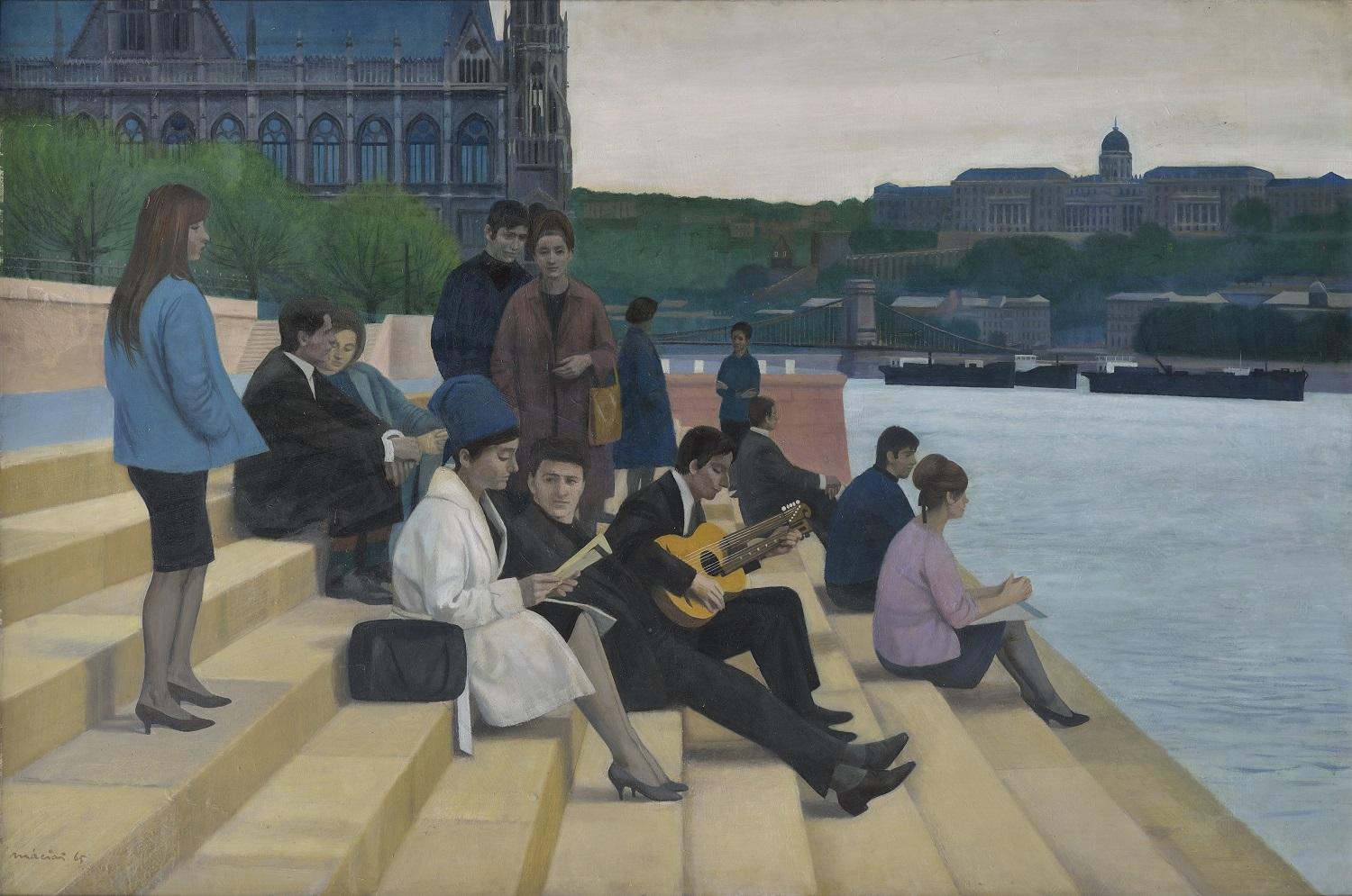 A colour painting of a group of young people sitting on the stepped embarkment of the river Danube.  One of the young men has a double-necked guitar on his knee. In the background are the Parliament building and further in the distance on the other side of the rive, the former royal castle can be seen, as well several barges on the river.