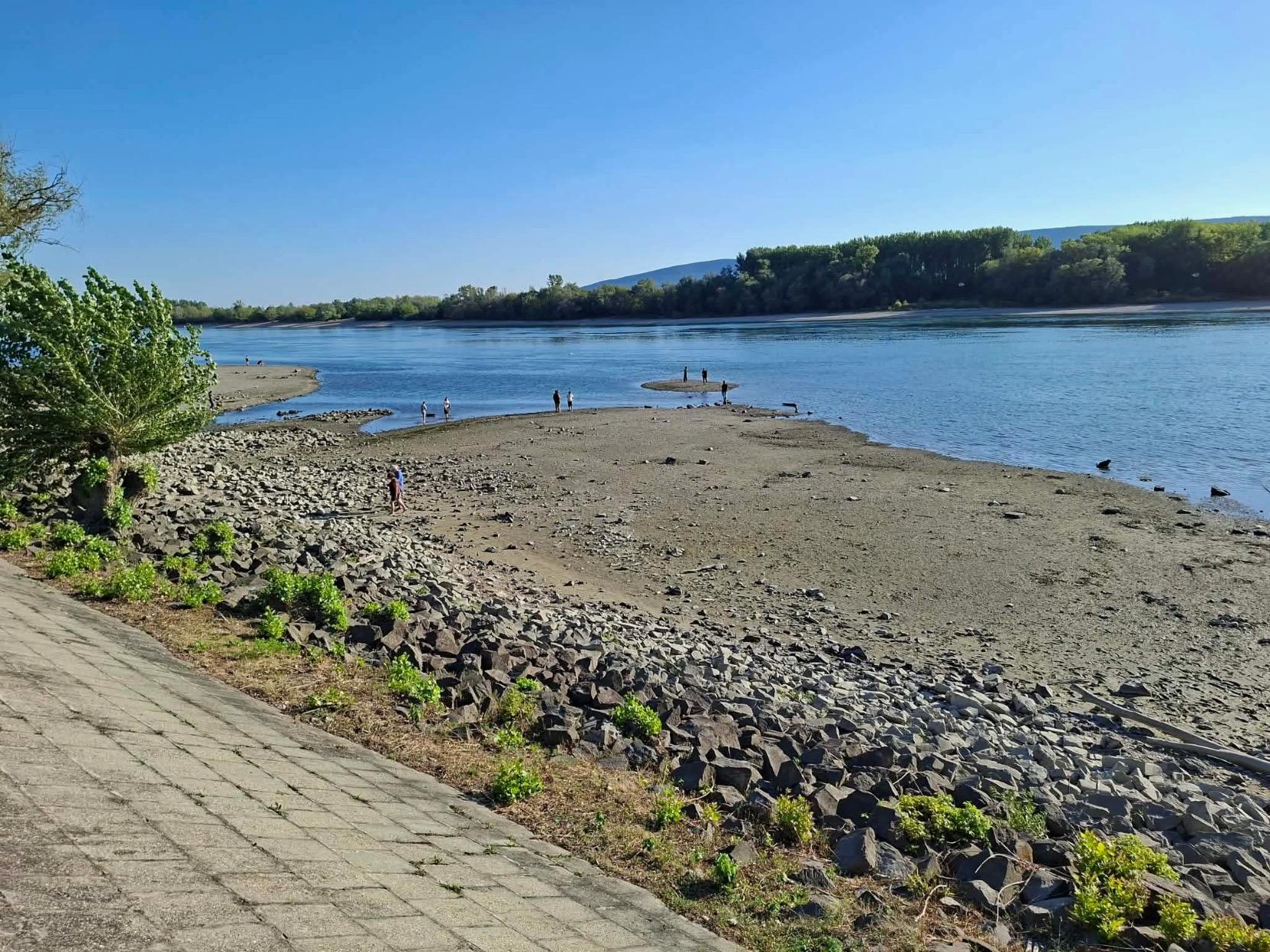 A colour photo of a the Danube river with its banks much exposed due to the low level of the river.