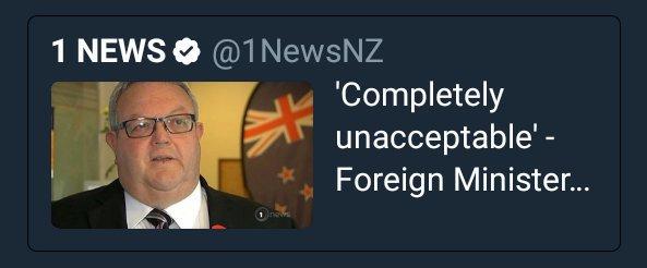 Screenshot of a 2018 arcticle from 1 News. Pictured, Gerry Brownlee. Truncated text reads: "Completely unacceptable" Foreign Minister...