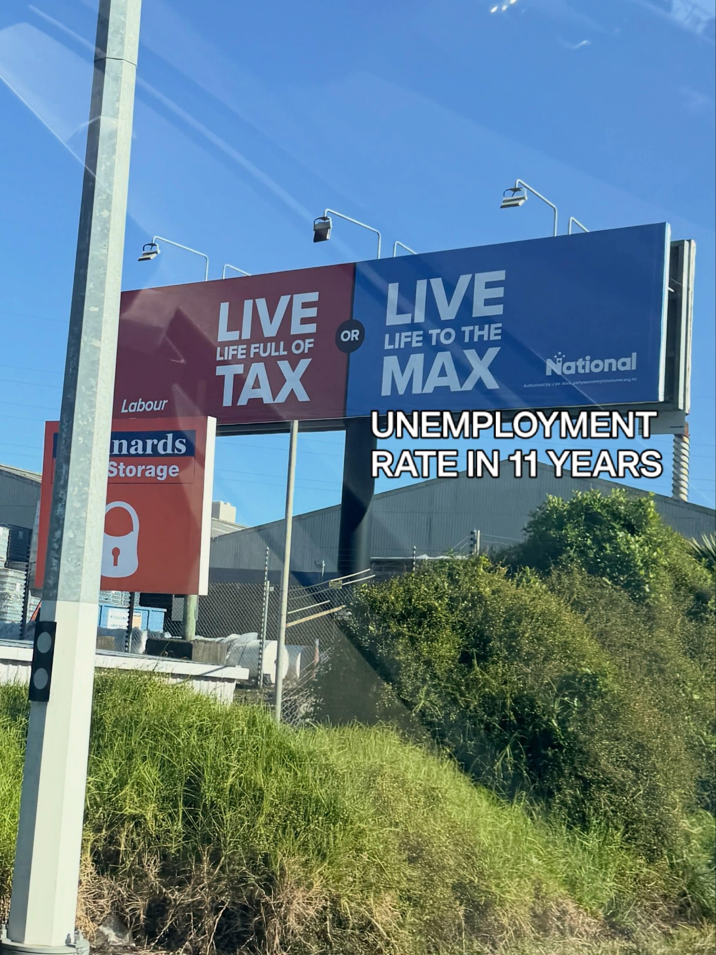 A roadside billboard split into two halves. The left side is red with white text reading "LIVE LIFE FULL OF TAX" above the Labour Party logo. The right side is blue with white text reading "LIVE LIFE TO THE MAX" next to the National Party logo, with white text outlined in black overlaying the bottom right corner that reads "UNEMPLOYMENT RATE IN 11 YEARS", modifying the blue section to read "LIVE LIFE TO THE MAX UNEMPLOYMENT RATE IN 11 YEARS".